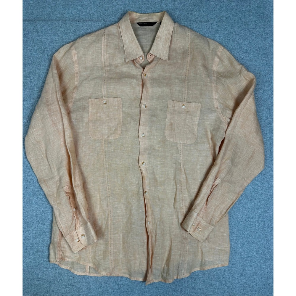 Perry Ellis Linen Button Down Shirt Mens XL Peach LS Pintuck Long Sleeve Shirt